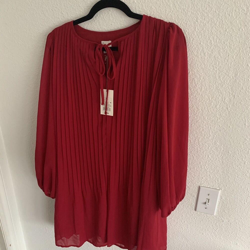 A New Day Women's Bishop Long Sleeve‎ Ruby Red Pleated Holiday party Dress XS